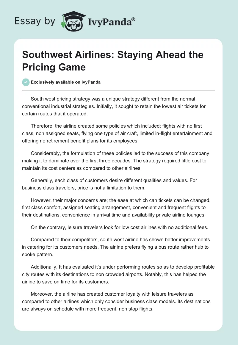 Southwest Airlines: Staying Ahead the Pricing Game. Page 1