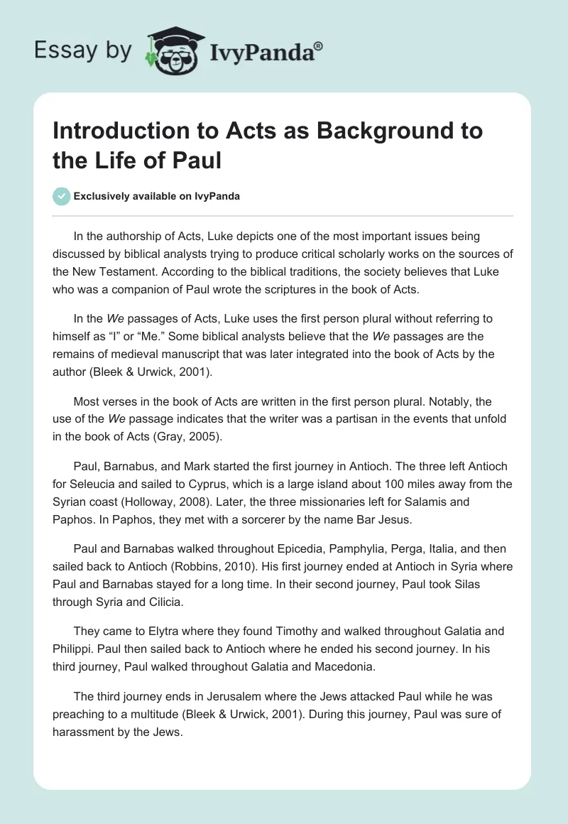 Introduction to Acts as Background to the Life of Paul. Page 1
