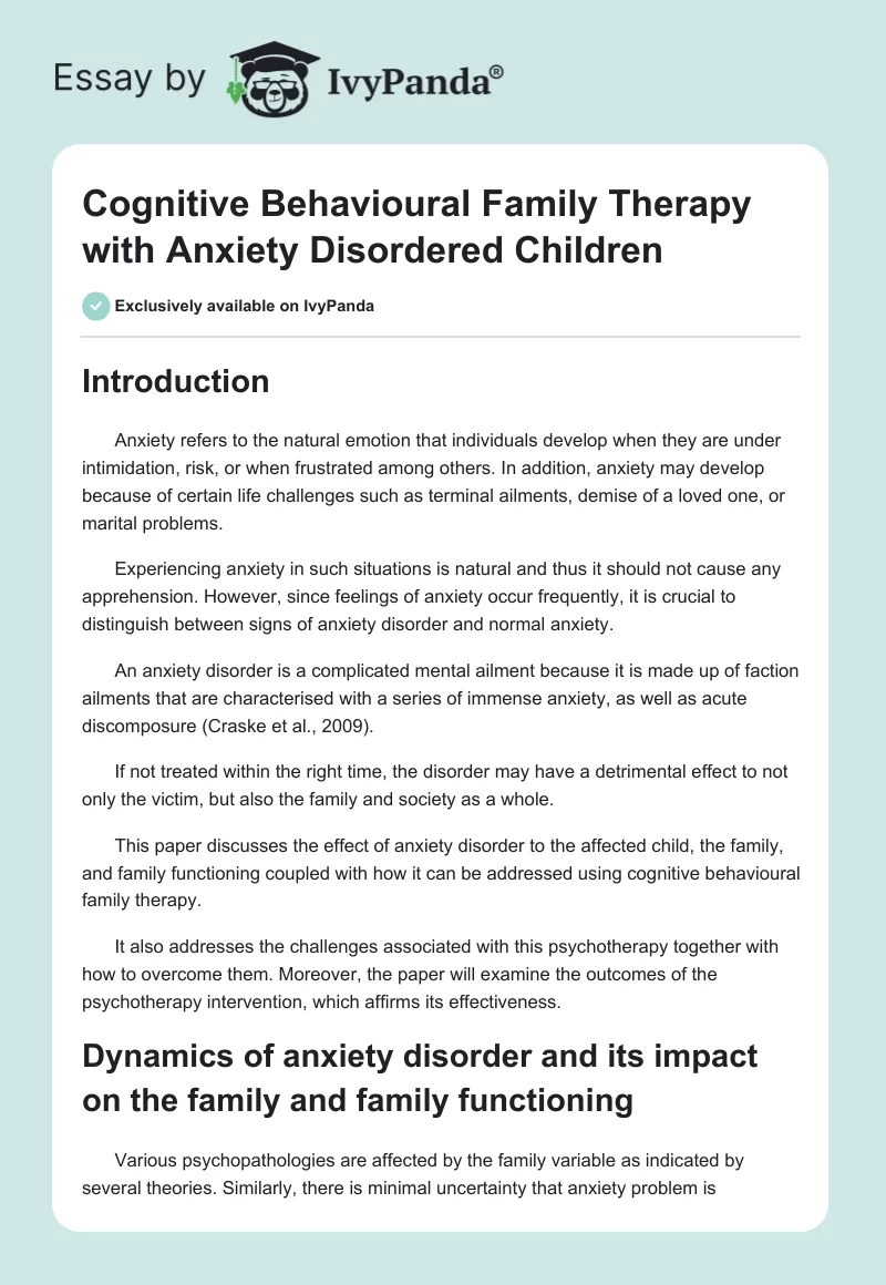Cognitive Behavioural Family Therapy With Anxiety Disordered Children. Page 1