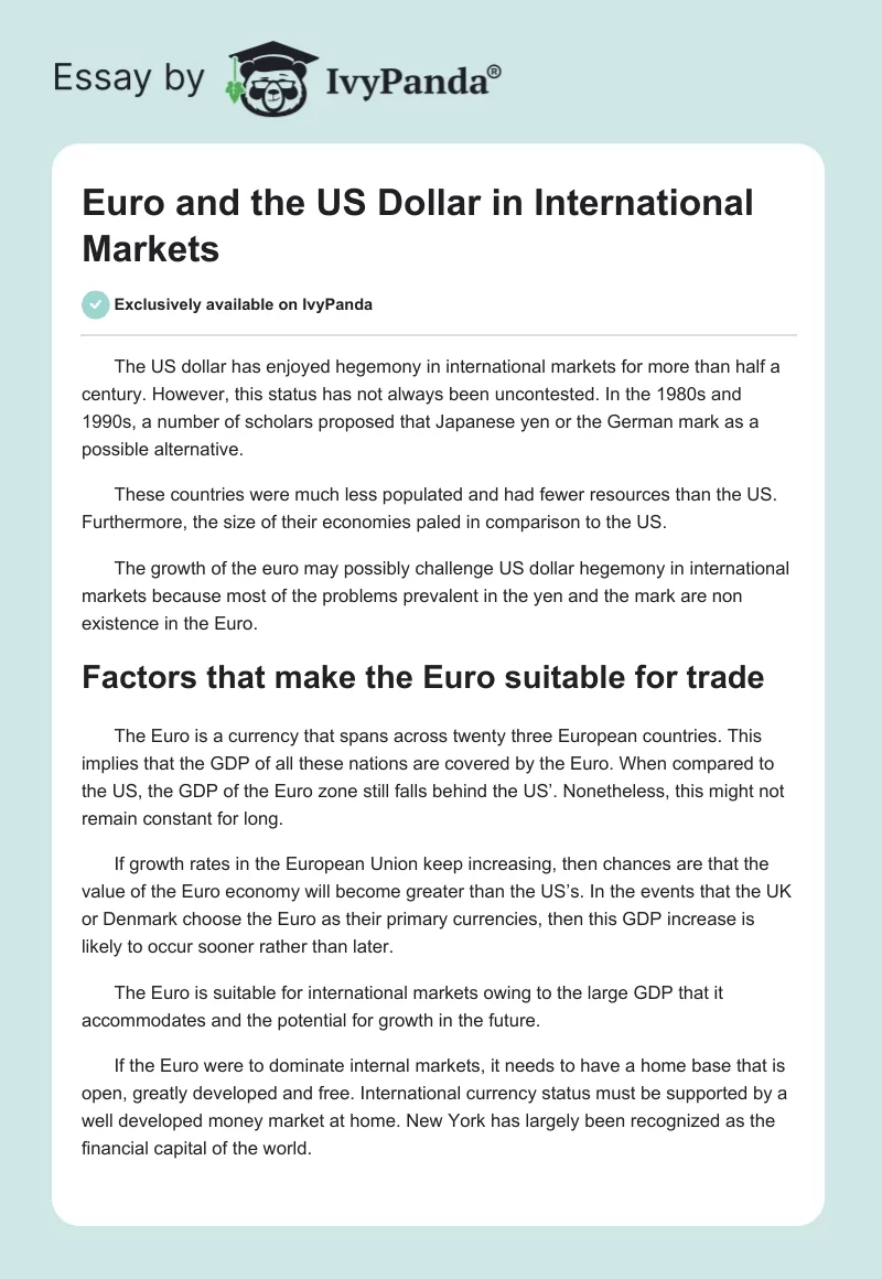 Euro and the US Dollar in International Markets. Page 1