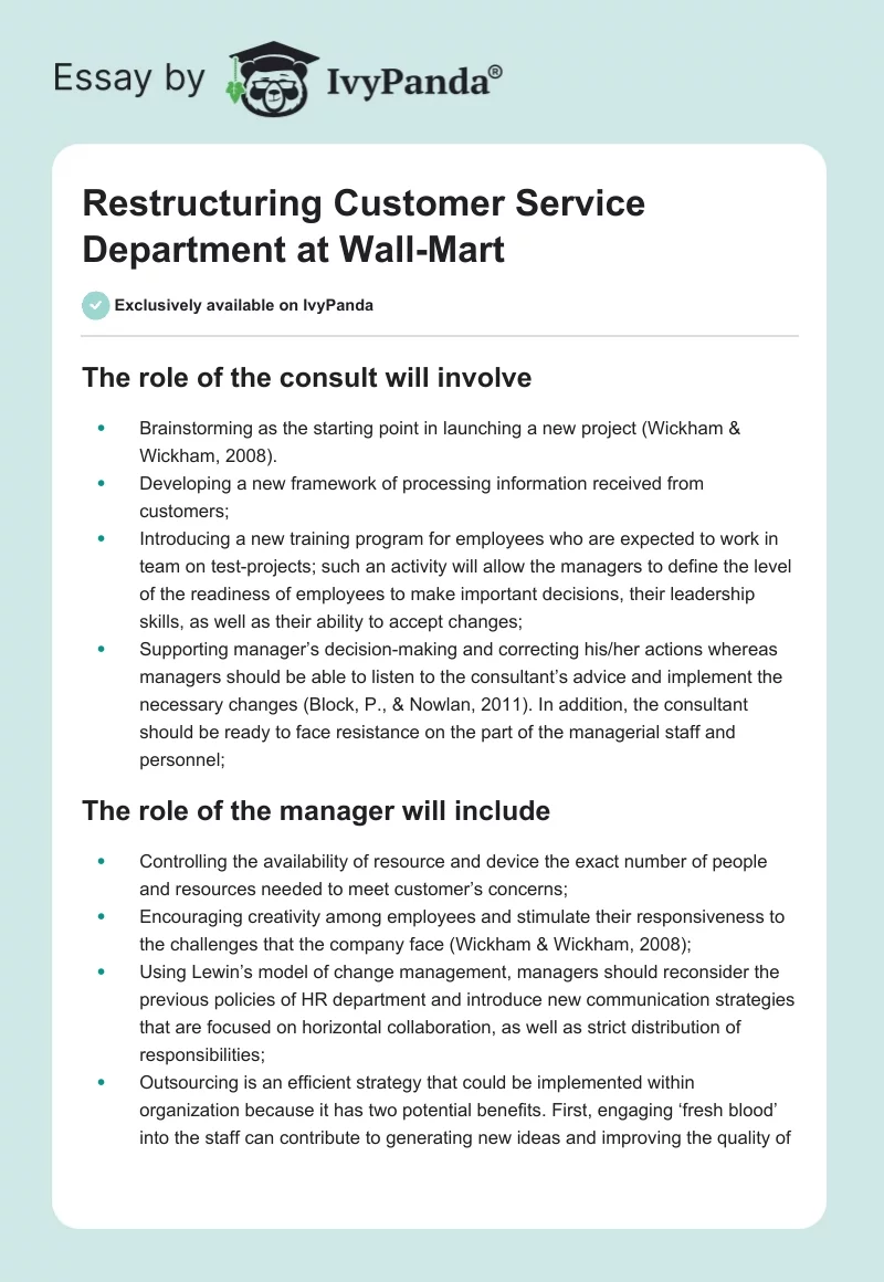 Restructuring Customer Service Department at Wall-Mart. Page 1