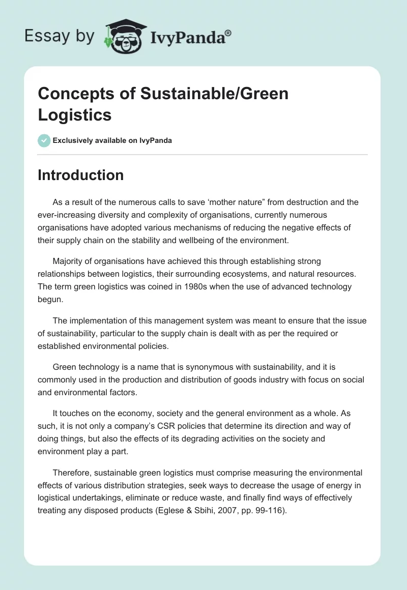 Concepts of Sustainable/Green Logistics. Page 1