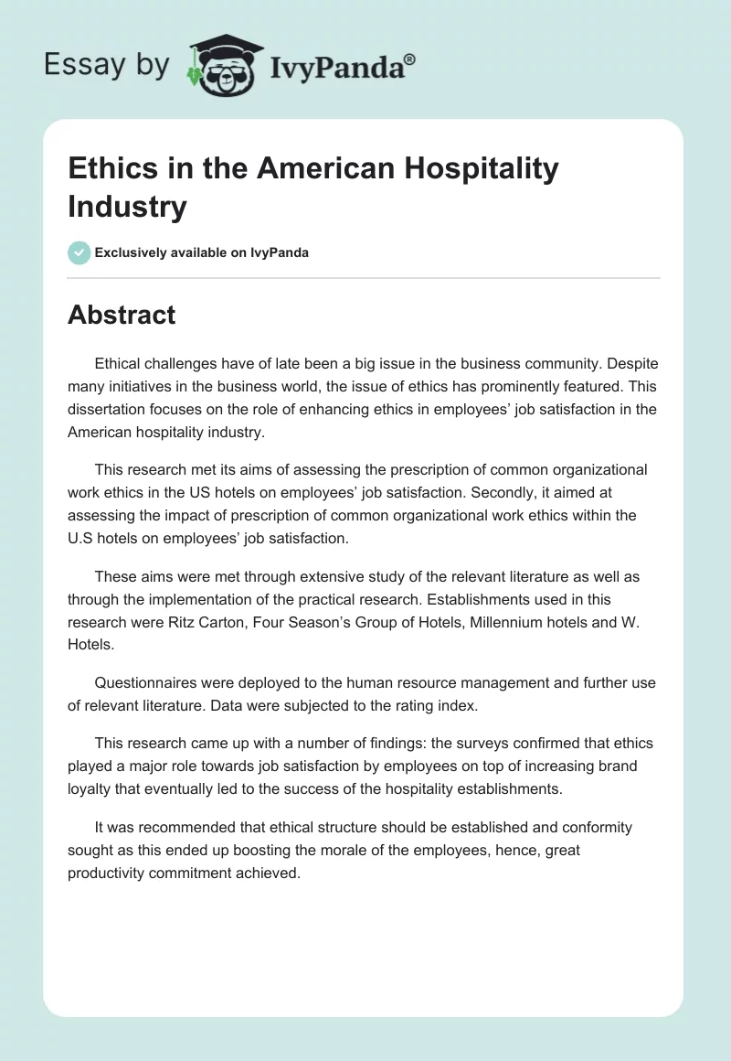 Ethics in the American Hospitality Industry. Page 1
