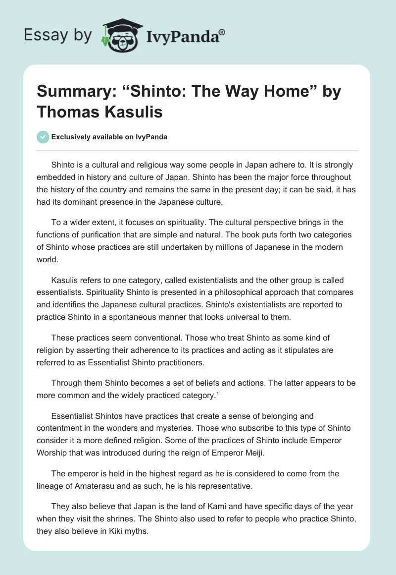 Summary: “Shinto: The Way Home” by Thomas Kasulis. Page 1