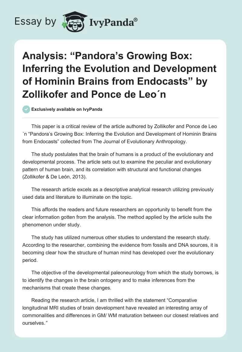 Analysis: “Pandora’s Growing Box: Inferring the Evolution and Development of Hominin Brains from Endocasts” by Zollikofer and Ponce de Leo´n. Page 1