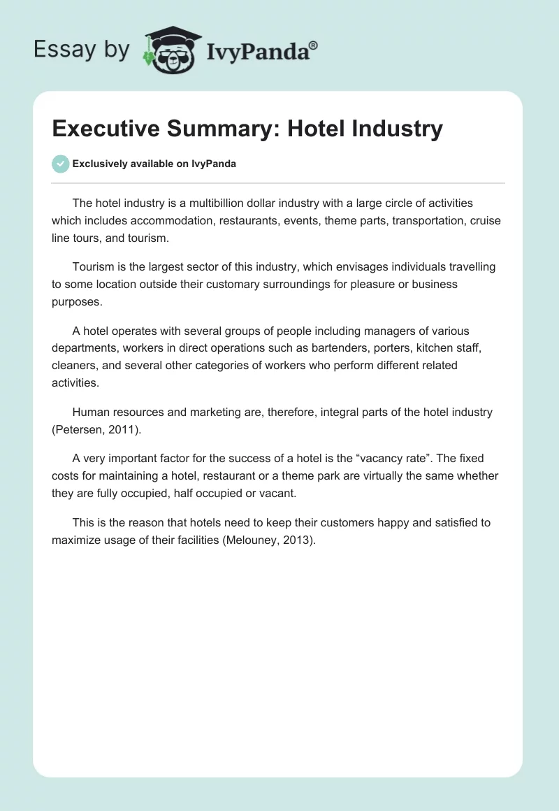 Executive Summary: Hotel Industry. Page 1