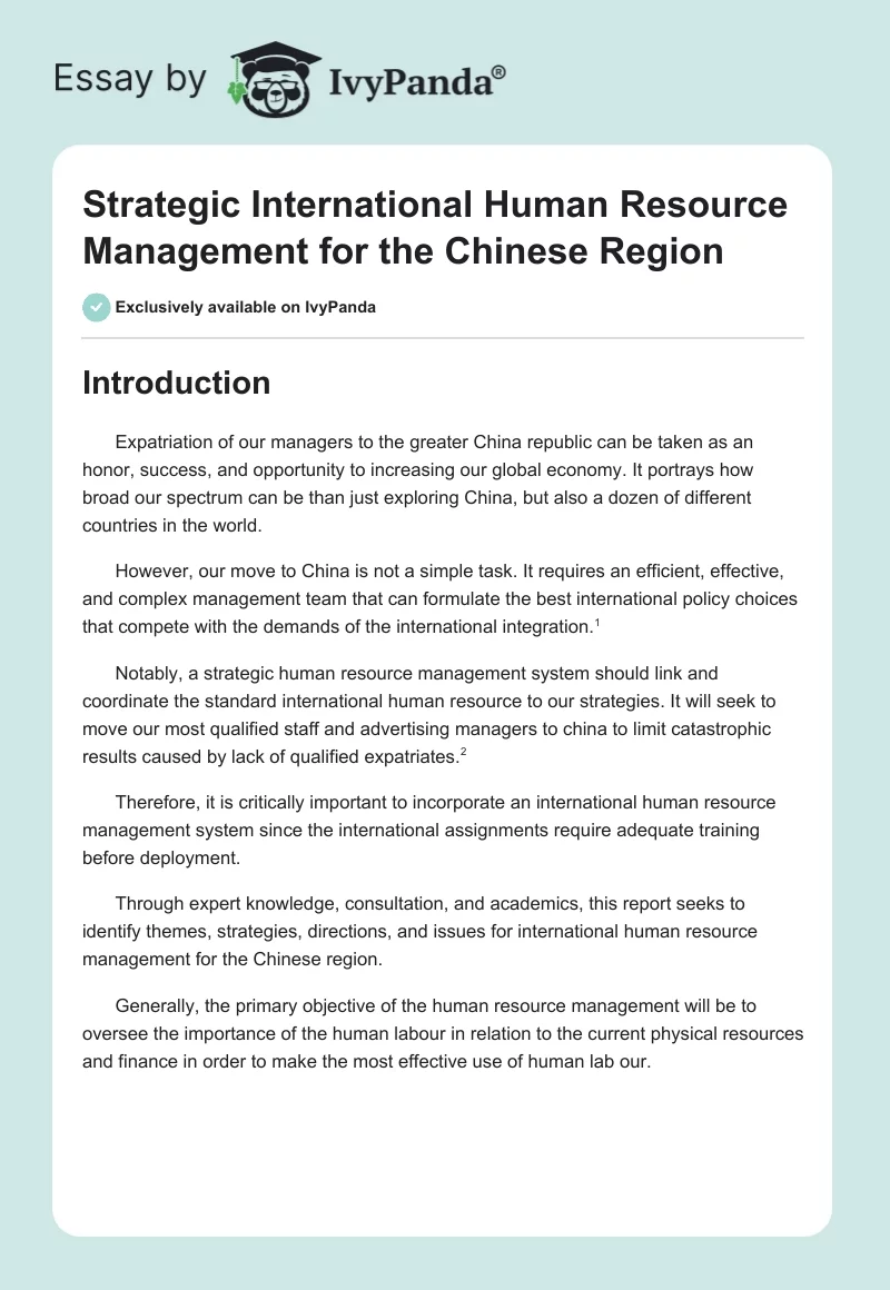 Strategic International Human Resource Management for the Chinese Region. Page 1