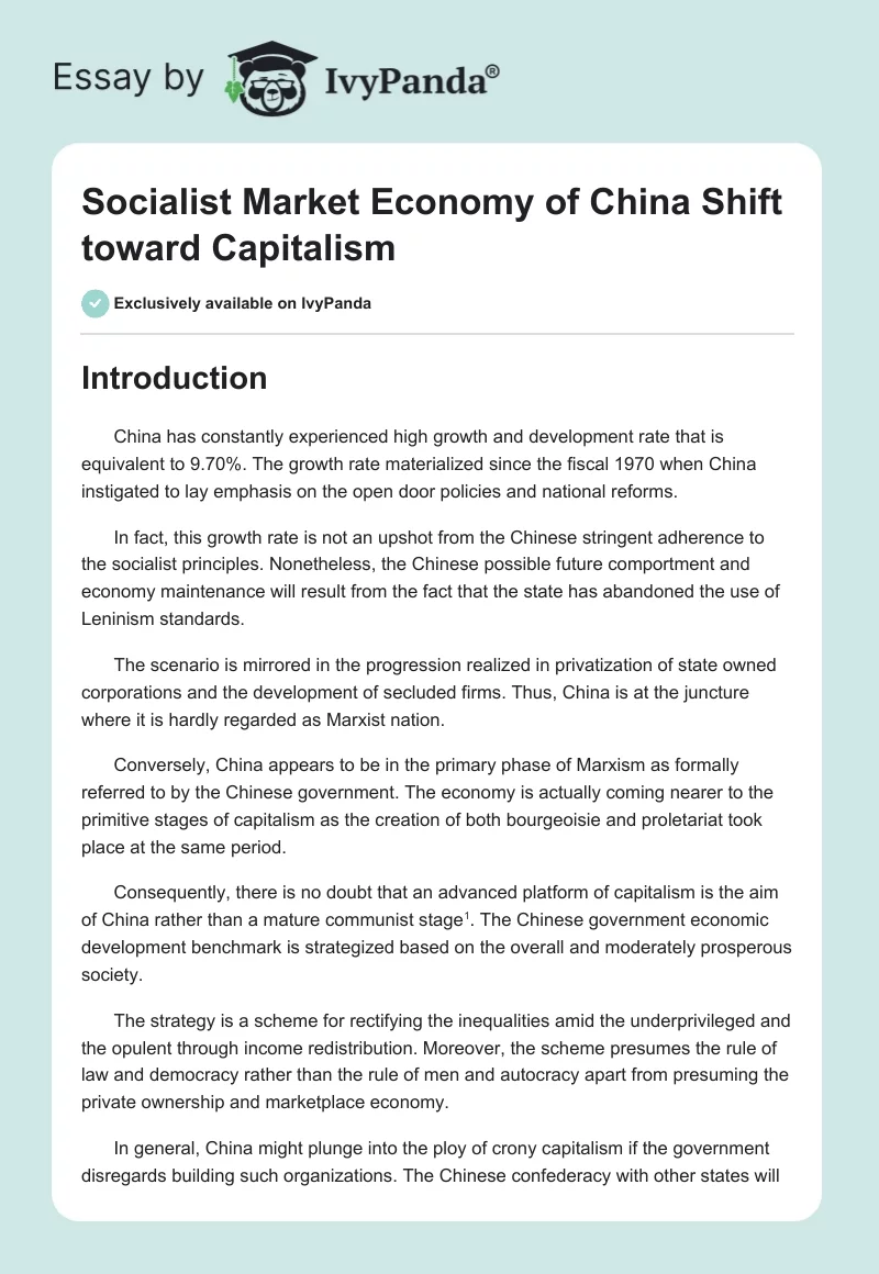 Socialist Market Economy of China Shift Toward Capitalism. Page 1