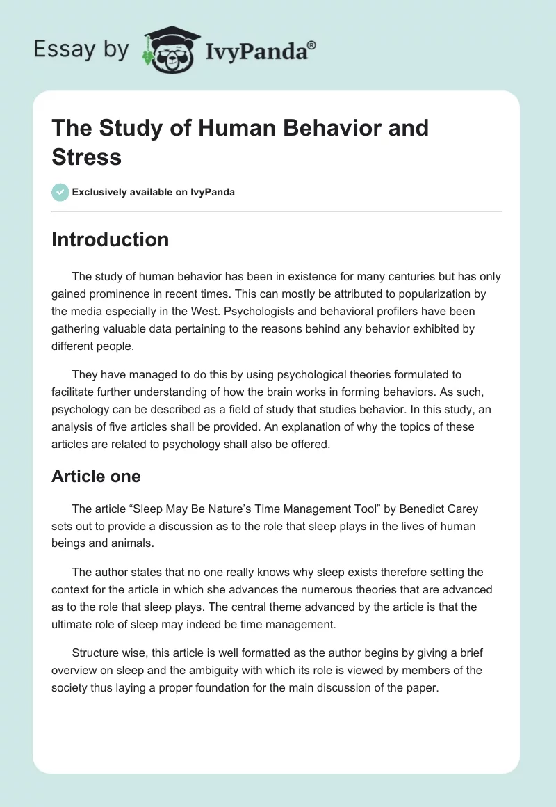 The Study of Human Behavior and Stress. Page 1