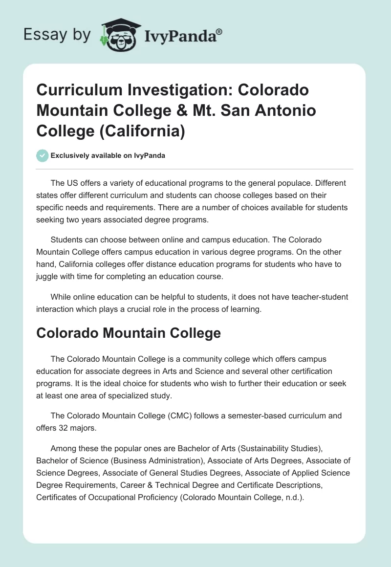 Curriculum Investigation: Colorado Mountain College & Mt. San Antonio College (California). Page 1