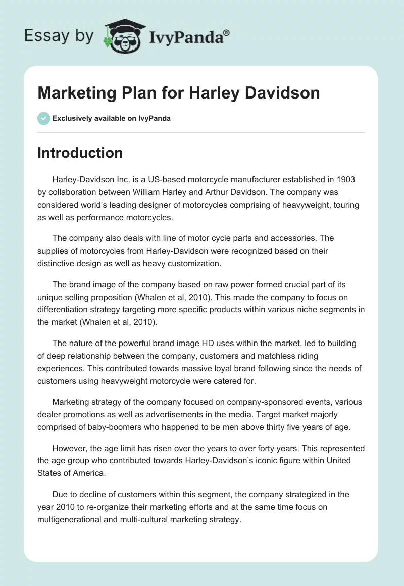 Marketing Plan for Harley Davidson. Page 1