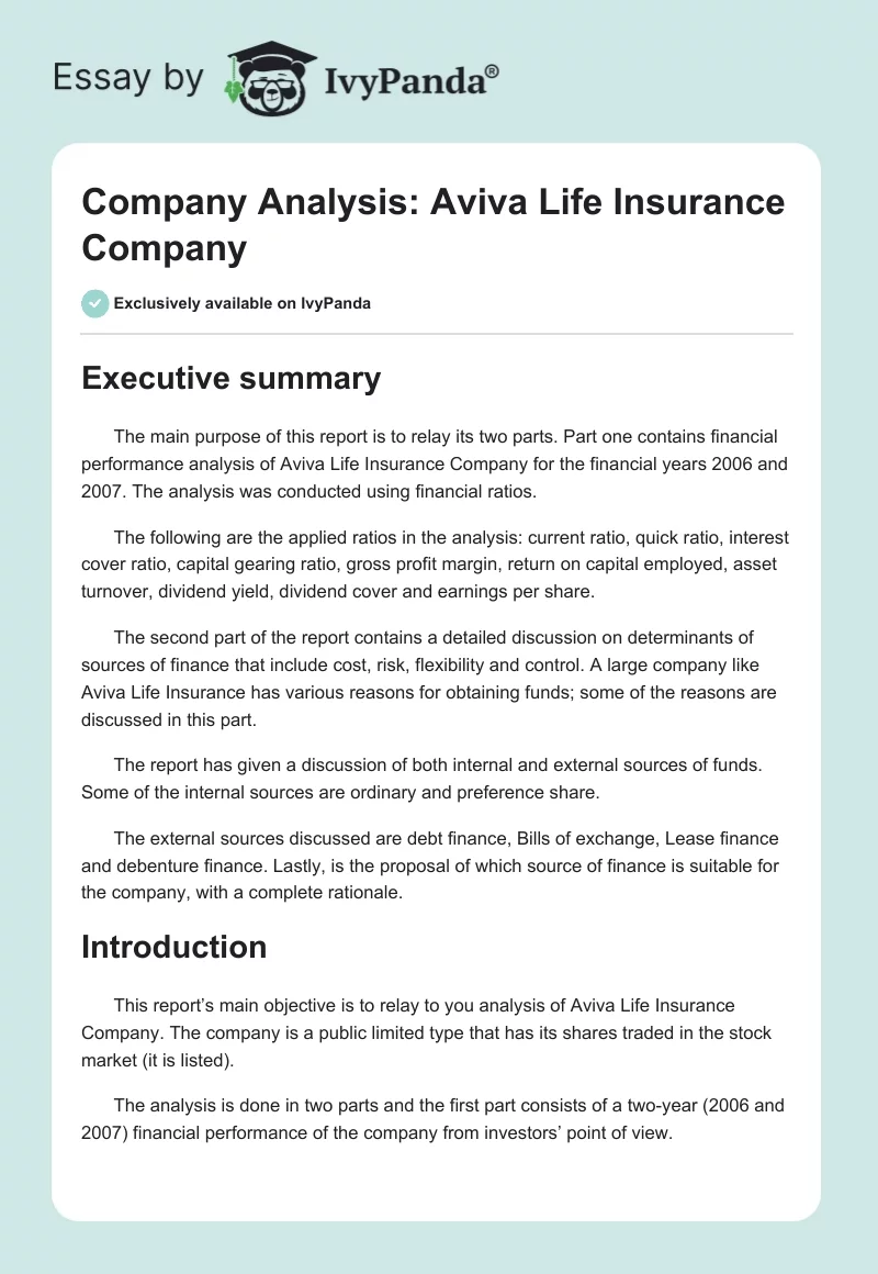 Company Analysis: Aviva Life Insurance Company. Page 1
