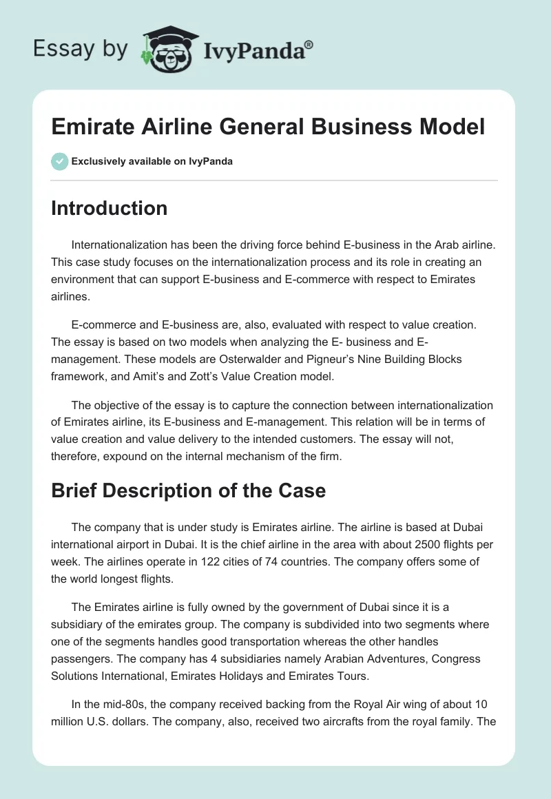 Emirate Airline General Business Model. Page 1
