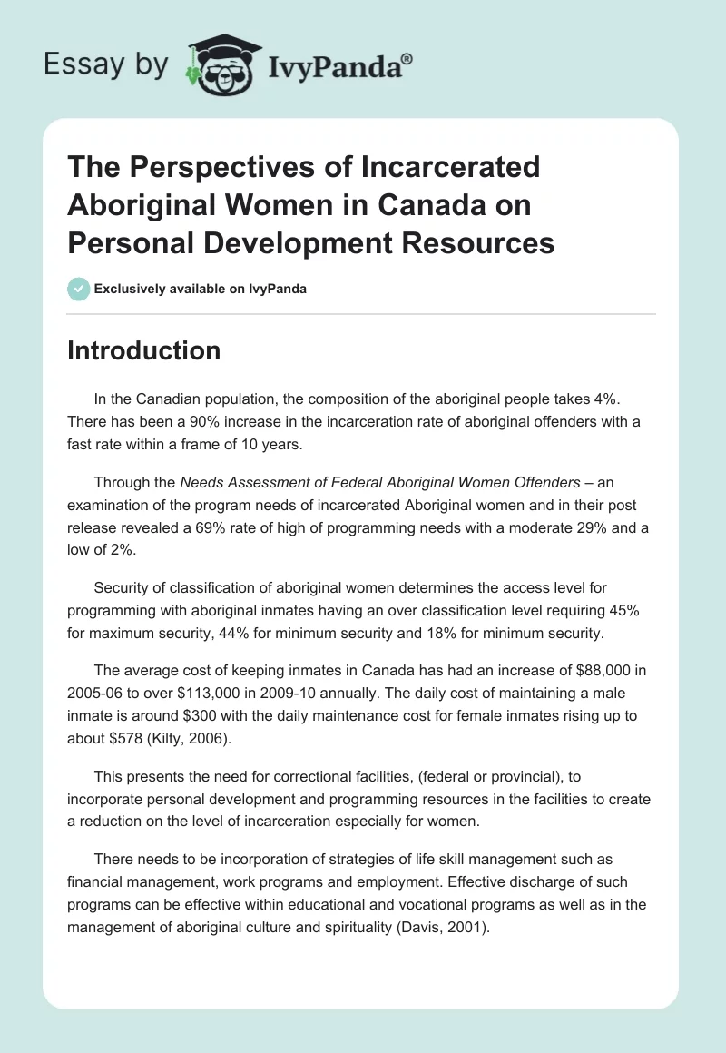 The Perspectives of Incarcerated Aboriginal Women in Canada on Personal Development Resources. Page 1