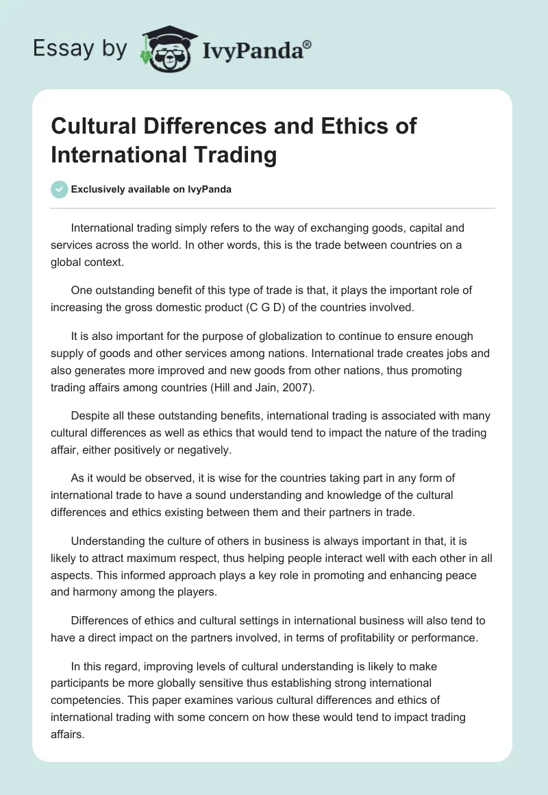 Cultural Differences and Ethics of International Trading. Page 1