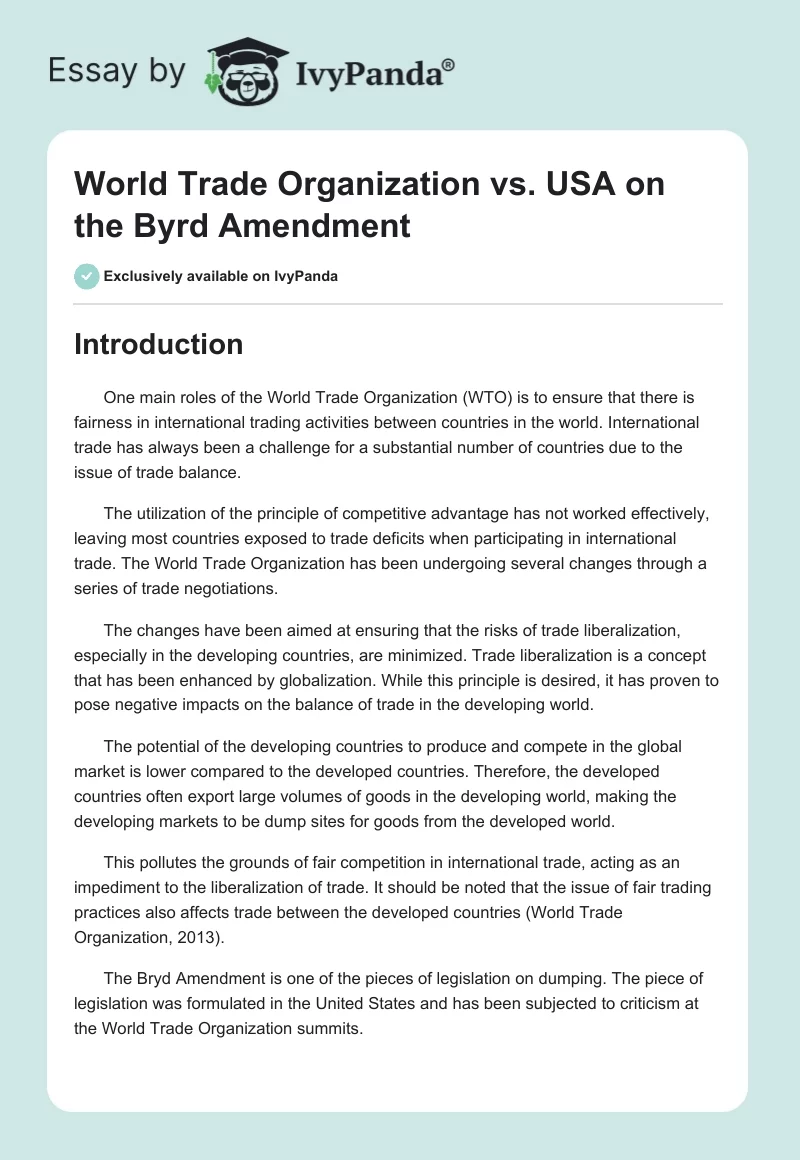 World Trade Organization vs. USA on the Byrd Amendment. Page 1