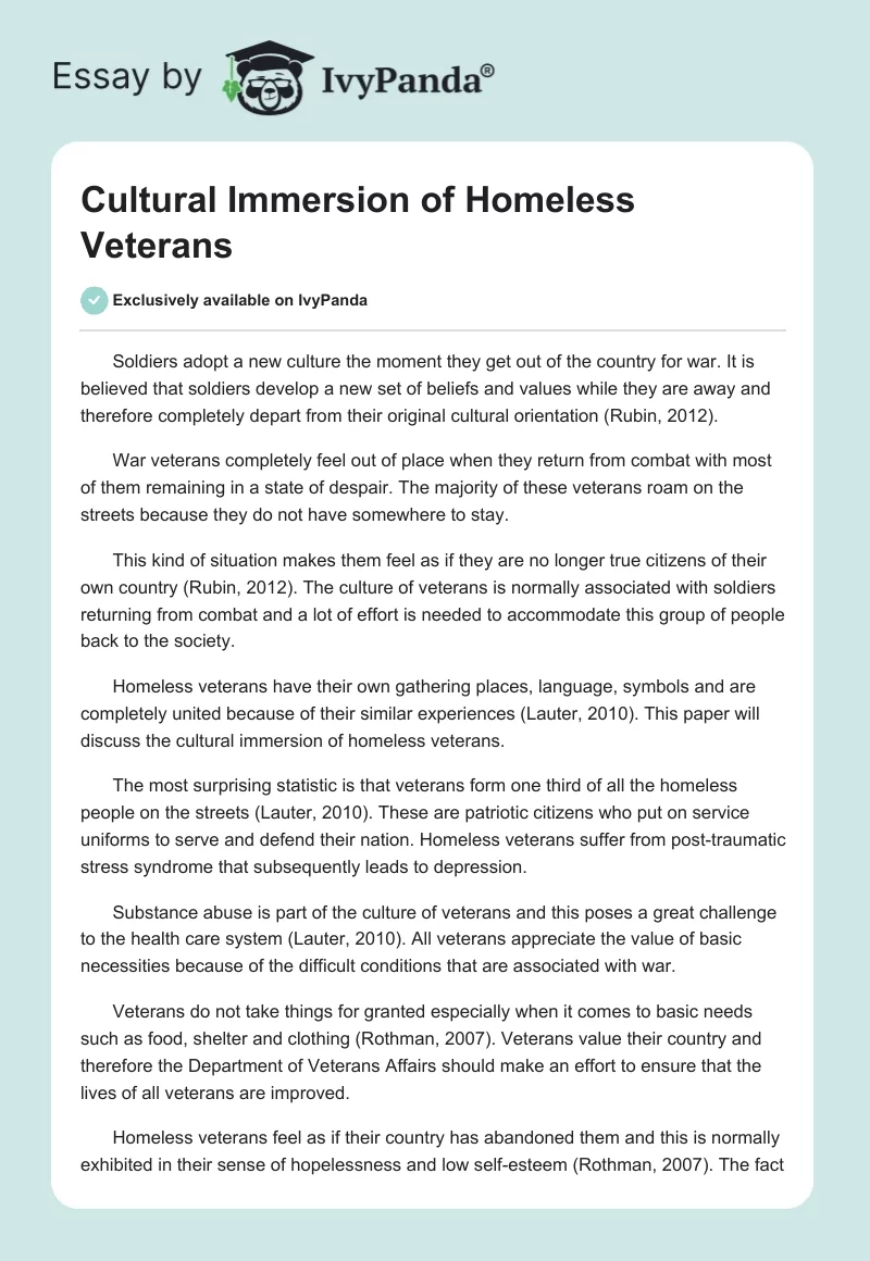Cultural Immersion of Homeless Veterans. Page 1