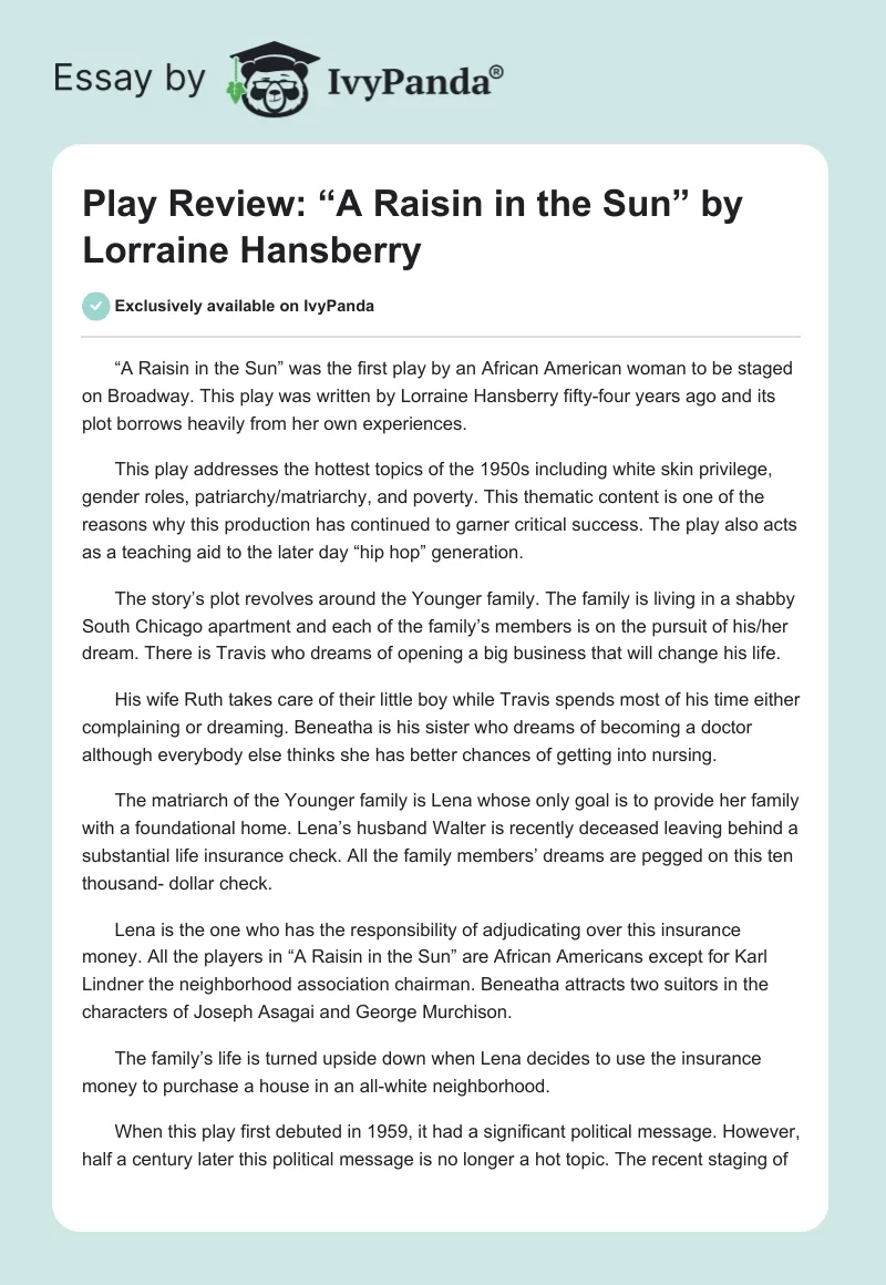 Play Review: “A Raisin in the Sun” by Lorraine Hansberry. Page 1