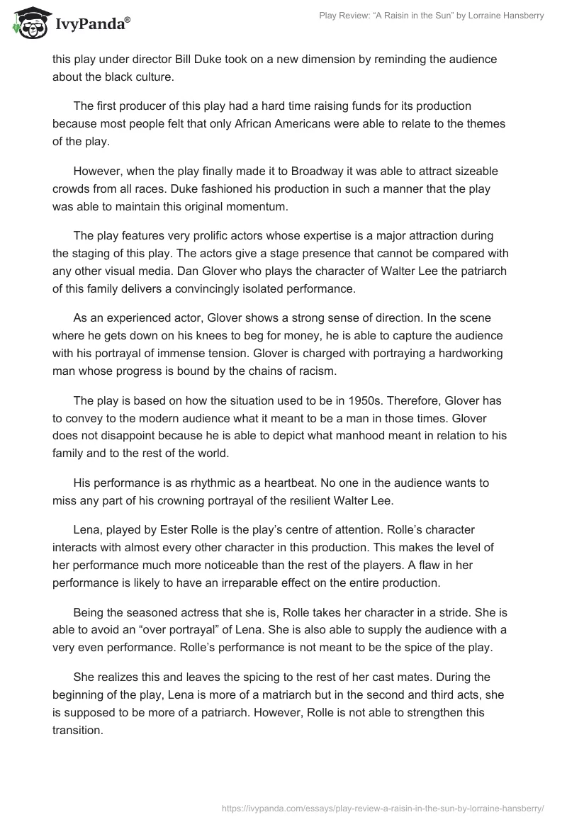Play Review: “A Raisin in the Sun” by Lorraine Hansberry. Page 2