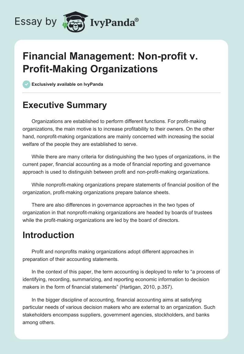Financial Management: Non-profit v. Profit-Making Organizations. Page 1