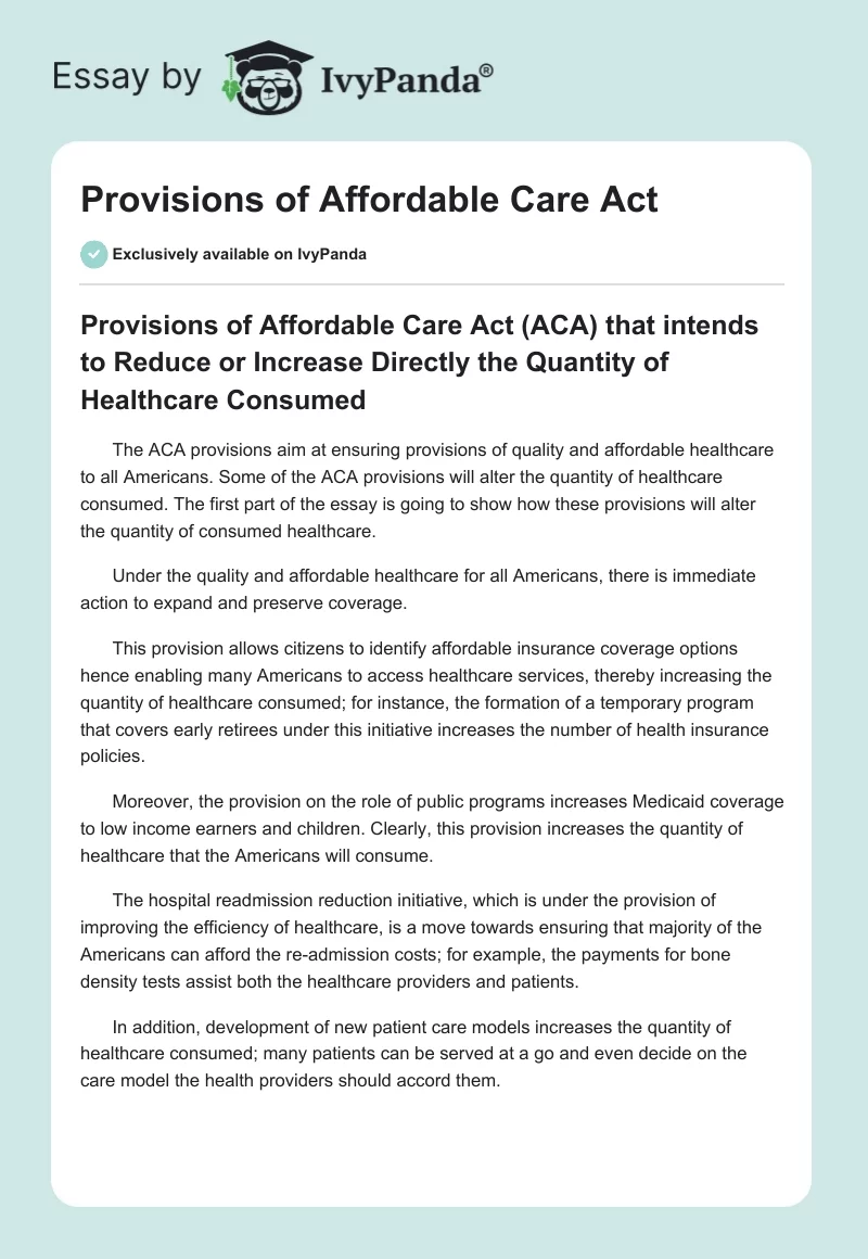 Provisions of Affordable Care Act. Page 1