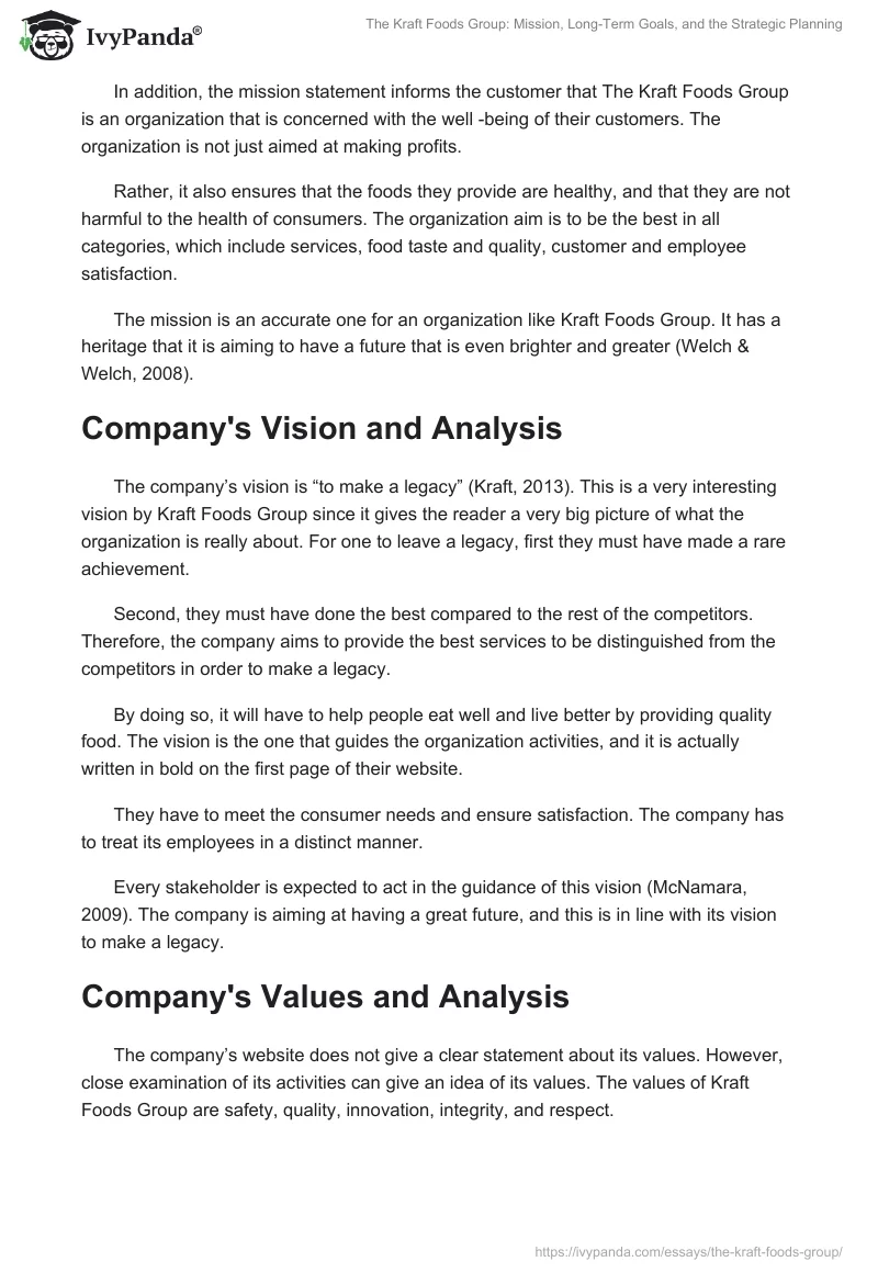 The Kraft Foods Group: Mission, Long-Term Goals, and the Strategic Planning. Page 2
