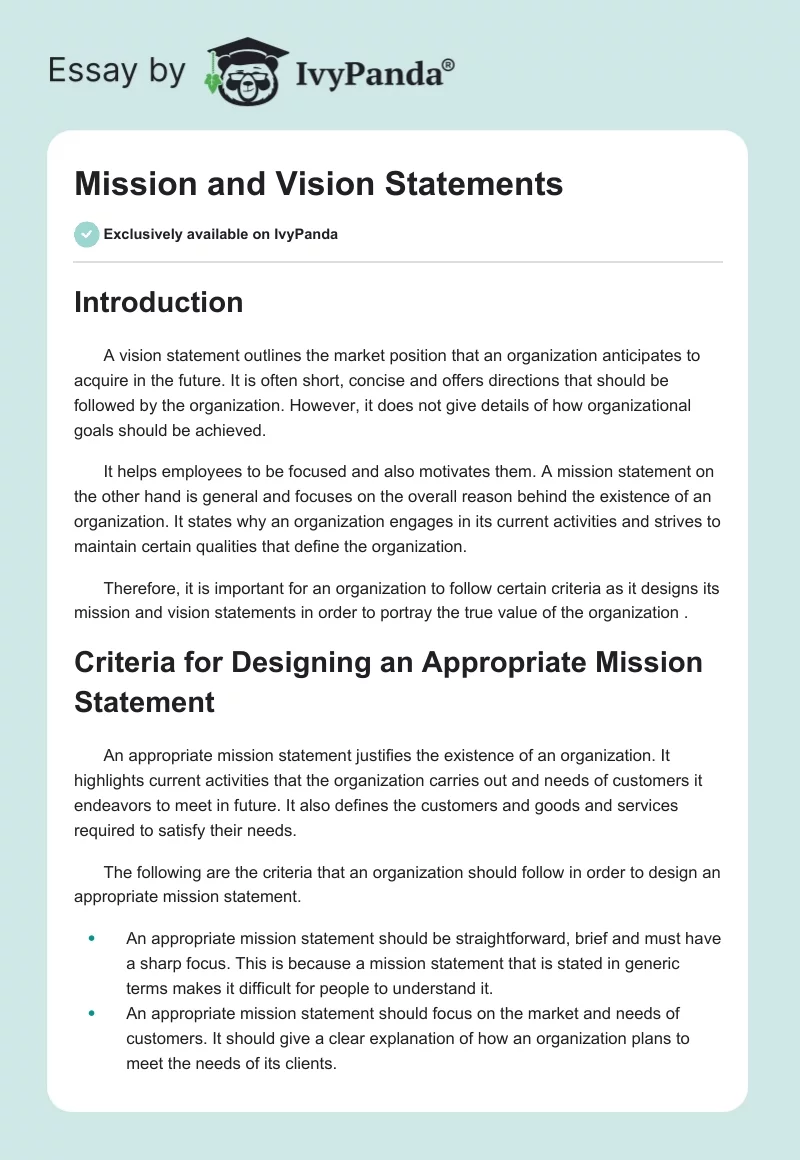 Mission and Vision Statements. Page 1