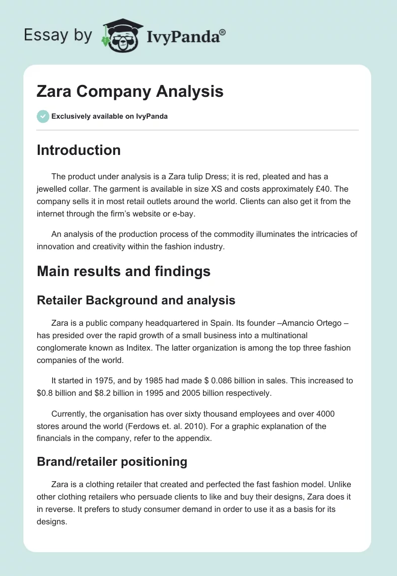 Zara Company Analysis. Page 1