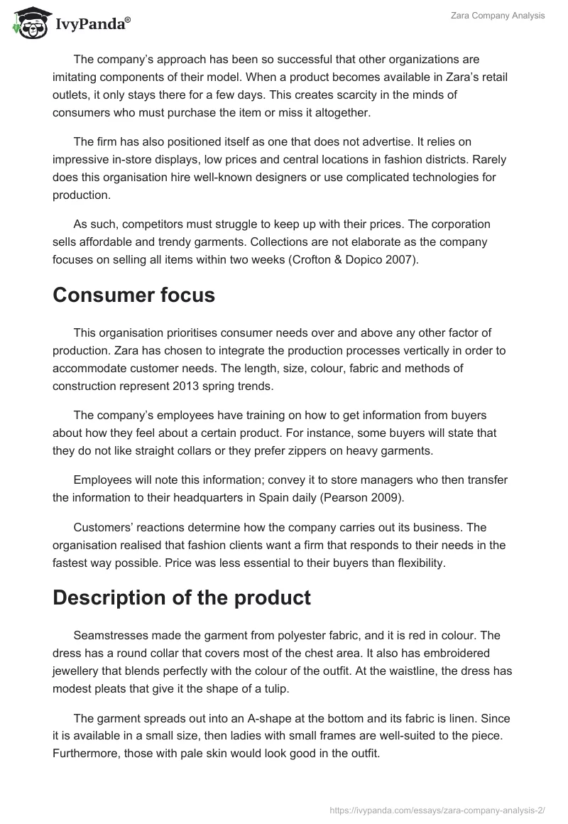 Zara Company Analysis. Page 2