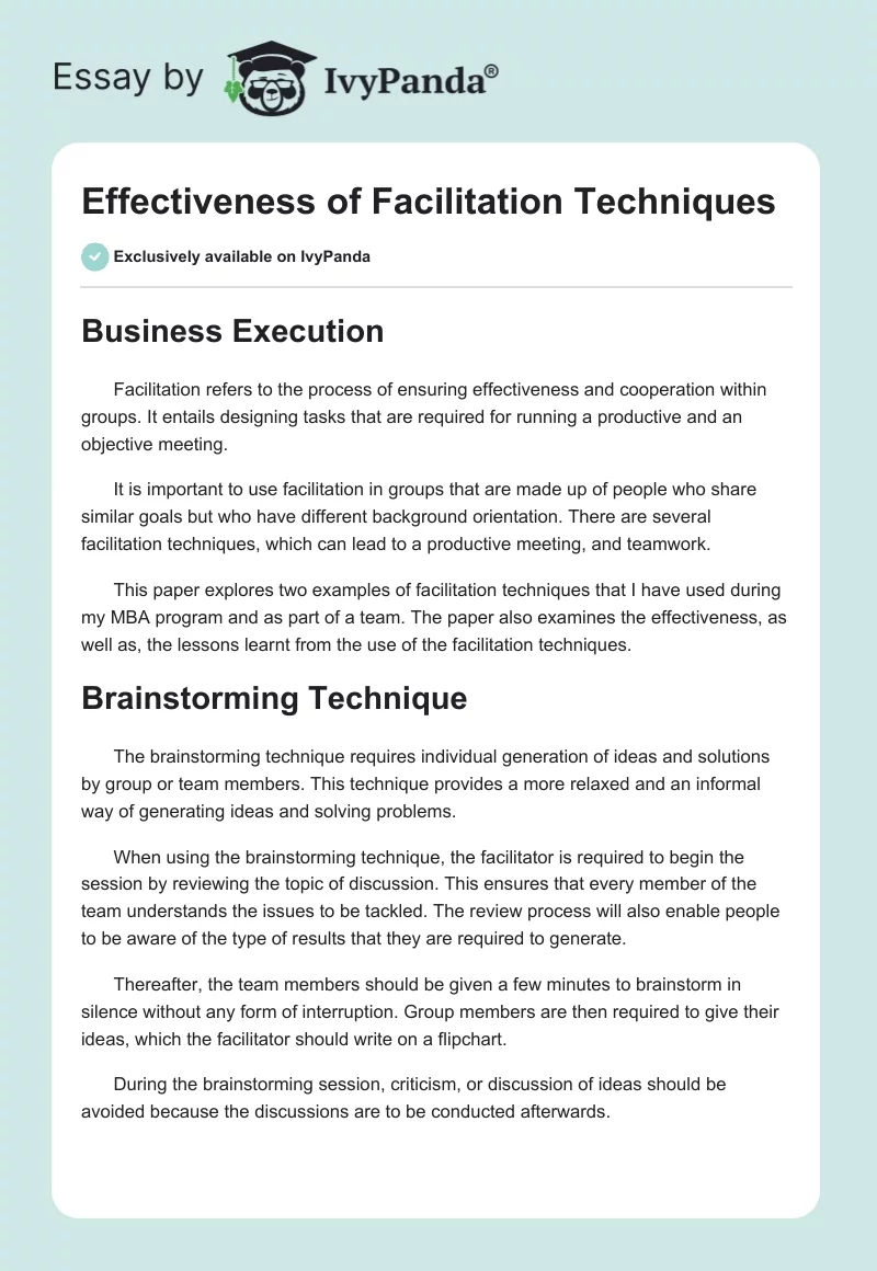 Effectiveness of Facilitation Techniques. Page 1
