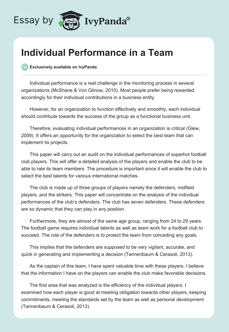 Individual Performance in a Team. Page 1