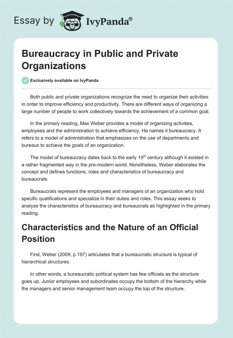 Bureaucracy in Public and Private Organizations. Page 1