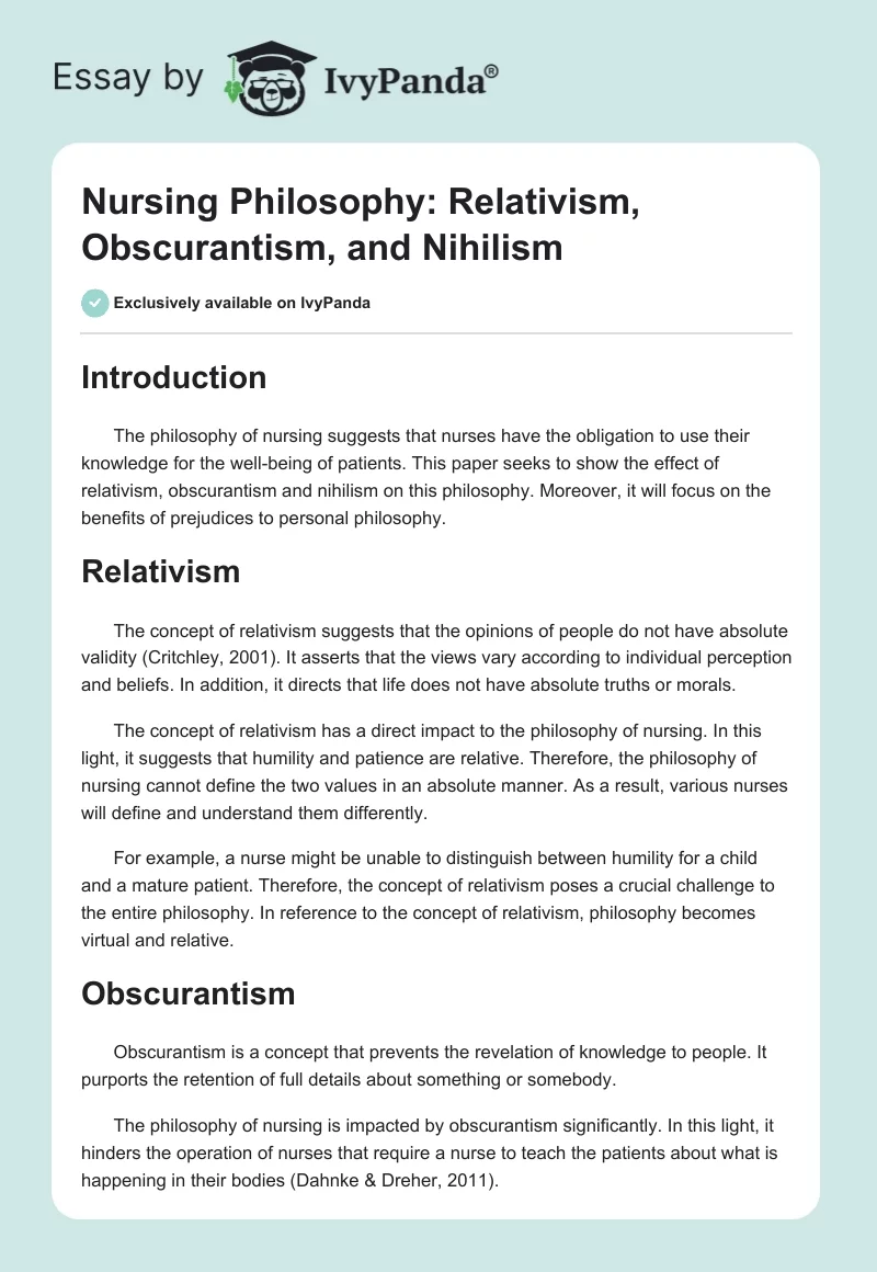 Nursing Philosophy: Relativism, Obscurantism, and Nihilism. Page 1