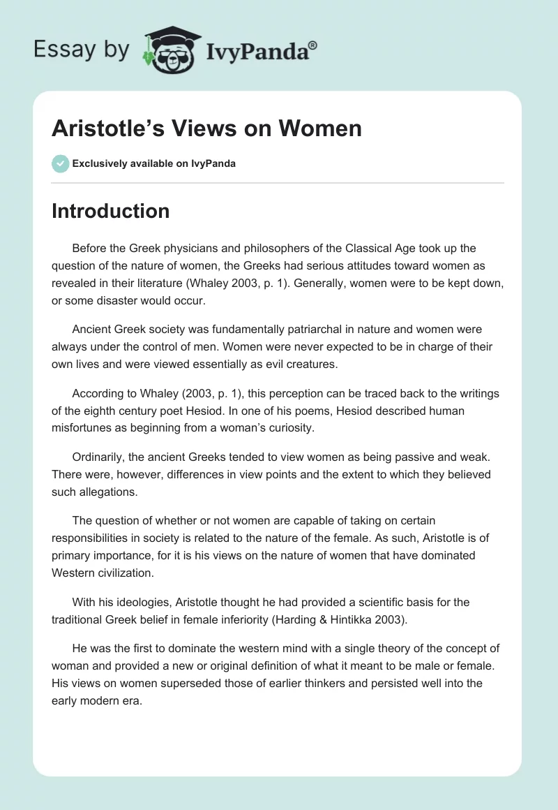 Aristotle’s Views on Women. Page 1