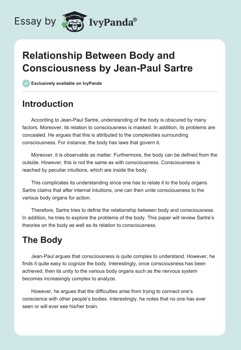 Relationship Between Body and Consciousness by Jean-Paul Sartre. Page 1