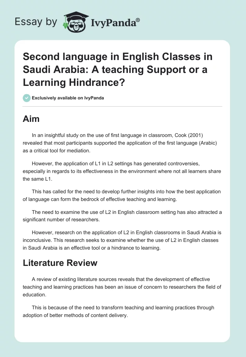 Second language in English Classes in Saudi Arabia: A teaching Support or a Learning Hindrance?. Page 1
