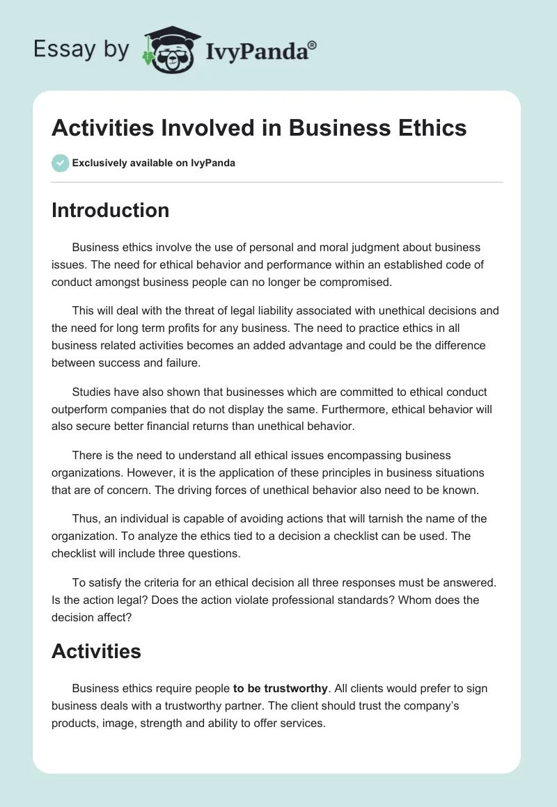 Activities Involved in Business Ethics. Page 1