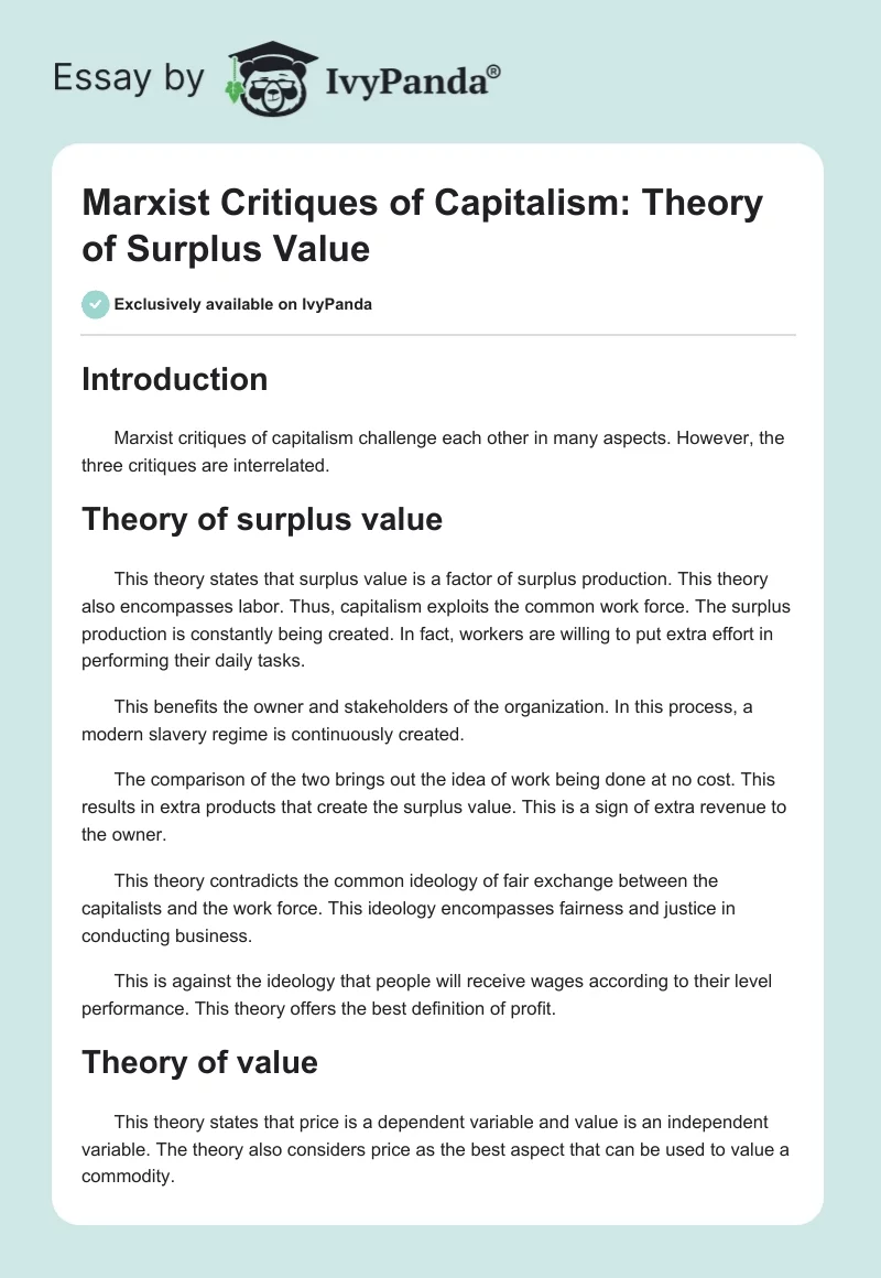 Marxist Critiques of Capitalism: Theory of Surplus Value. Page 1