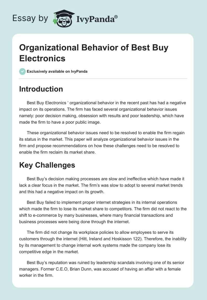 Organizational Behavior of Best Buy Electronics. Page 1