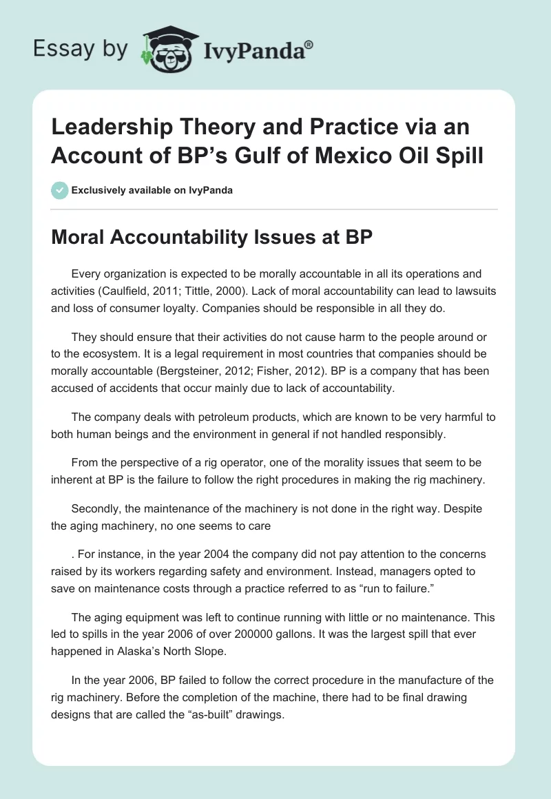 Leadership Theory and Practice via an Account of BP’s Gulf of Mexico Oil Spill. Page 1