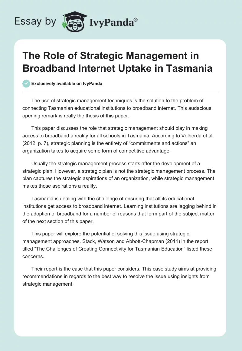 The Role of Strategic Management in Broadband Internet Uptake in Tasmania. Page 1