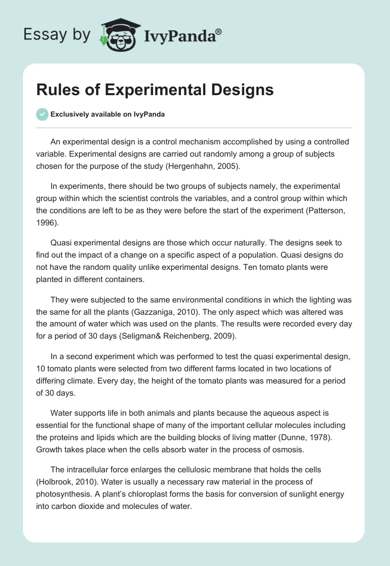 Rules of Experimental Designs. Page 1