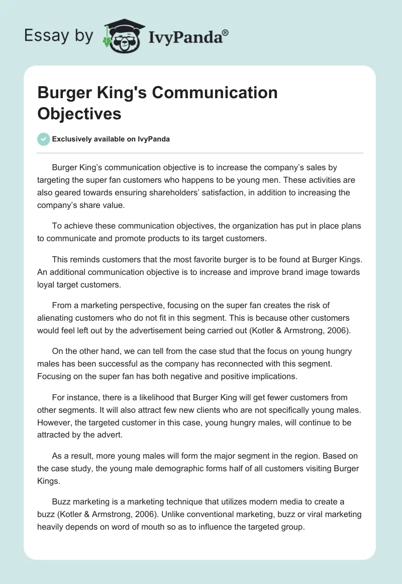 Burger King's Communication Objectives. Page 1