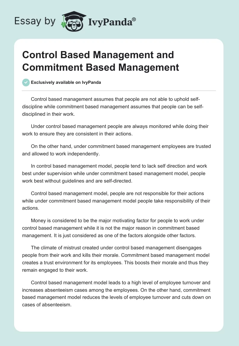 Control Based Management and Commitment Based Management. Page 1