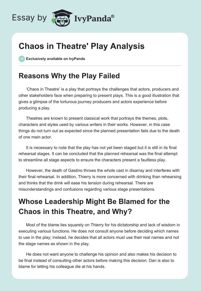 Chaos in Theatre' Play Analysis. Page 1