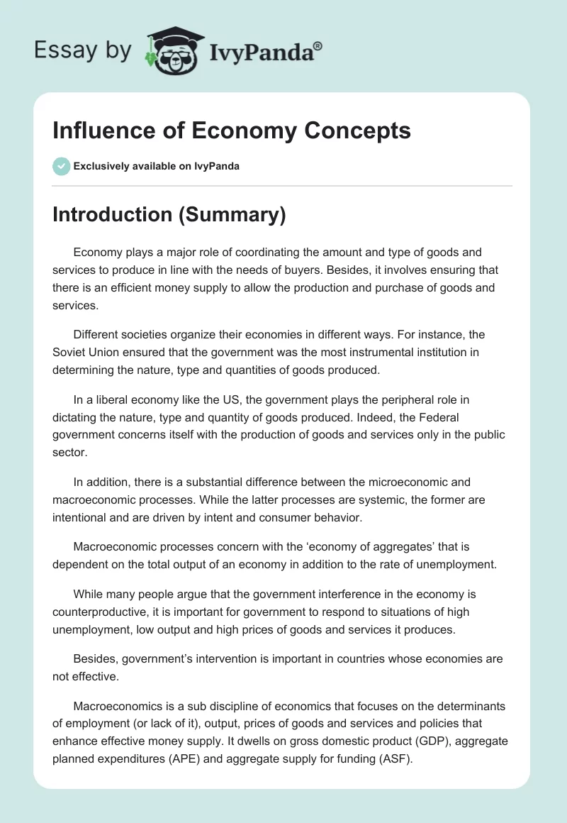 Influence of Economy Concepts. Page 1