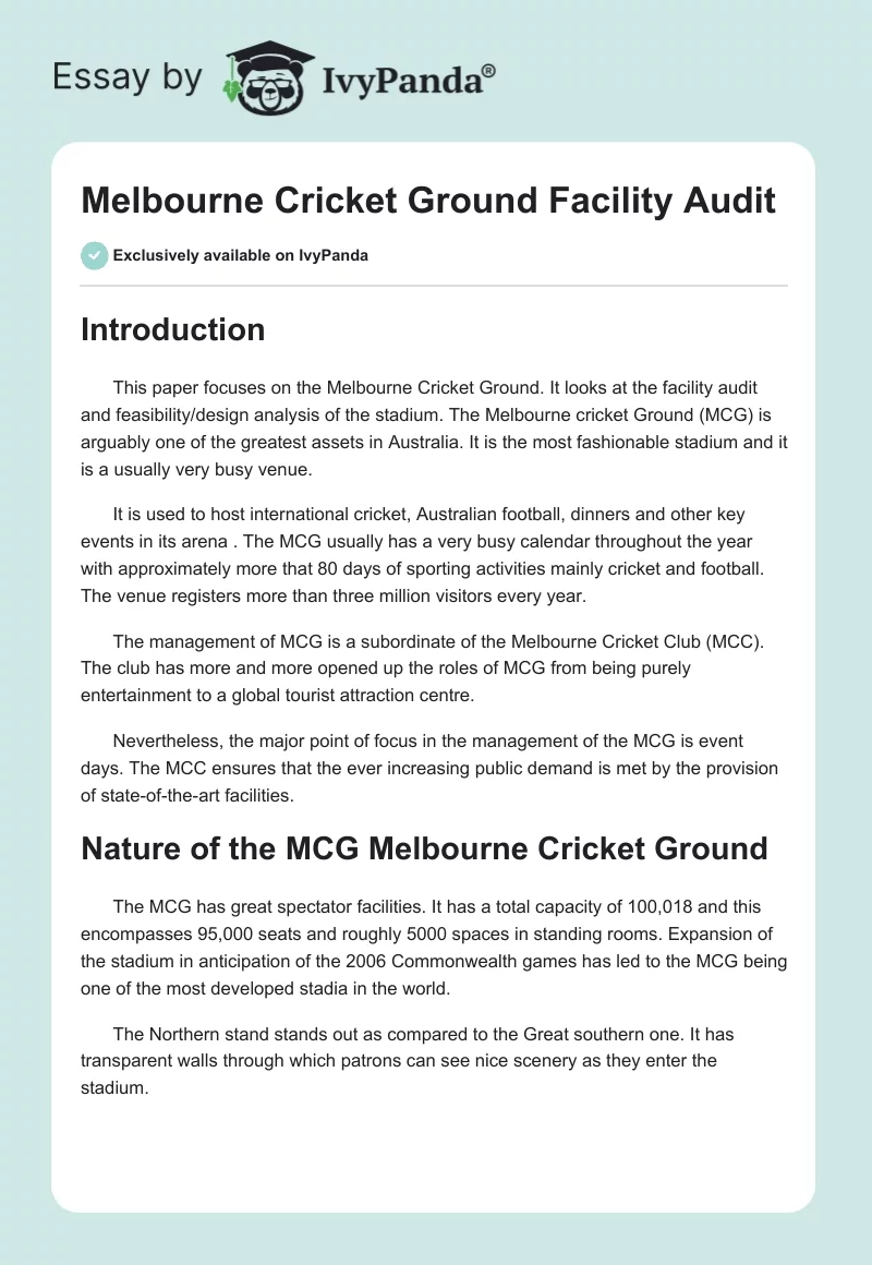 Melbourne Cricket Ground Facility Audit. Page 1
