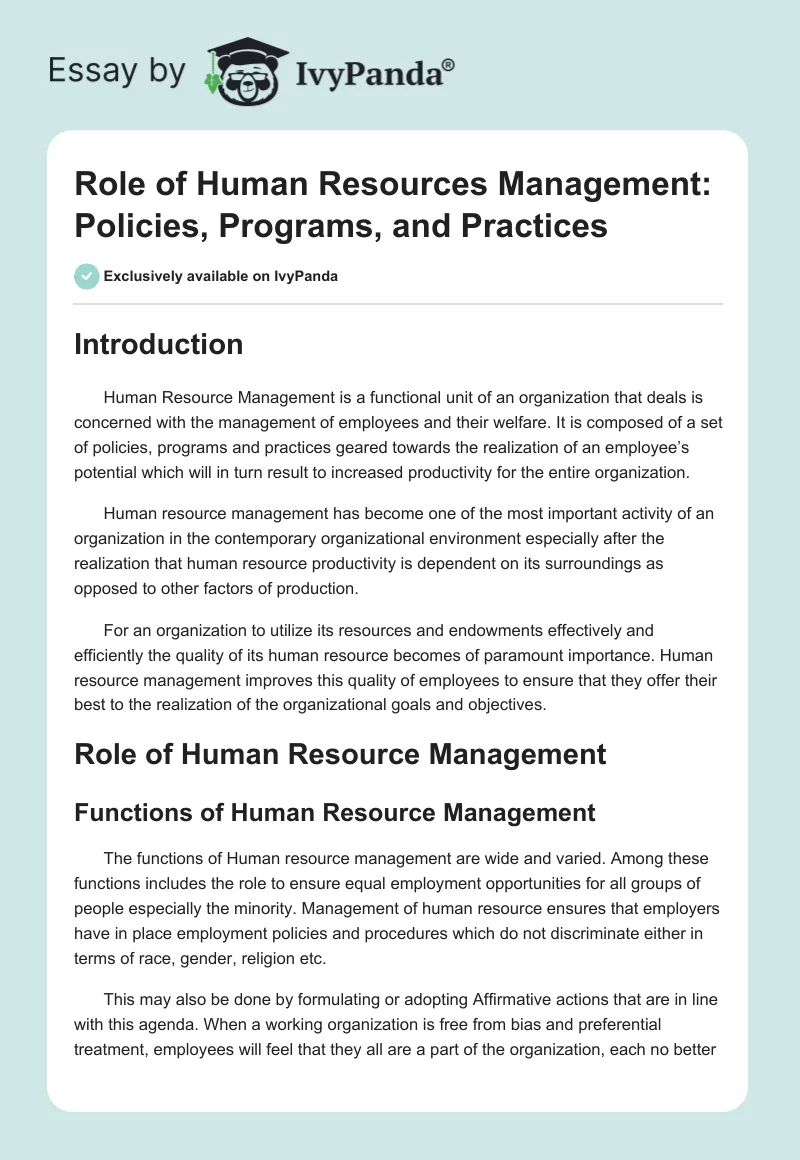Role of Human Resources Management: Policies, Programs, and Practices. Page 1