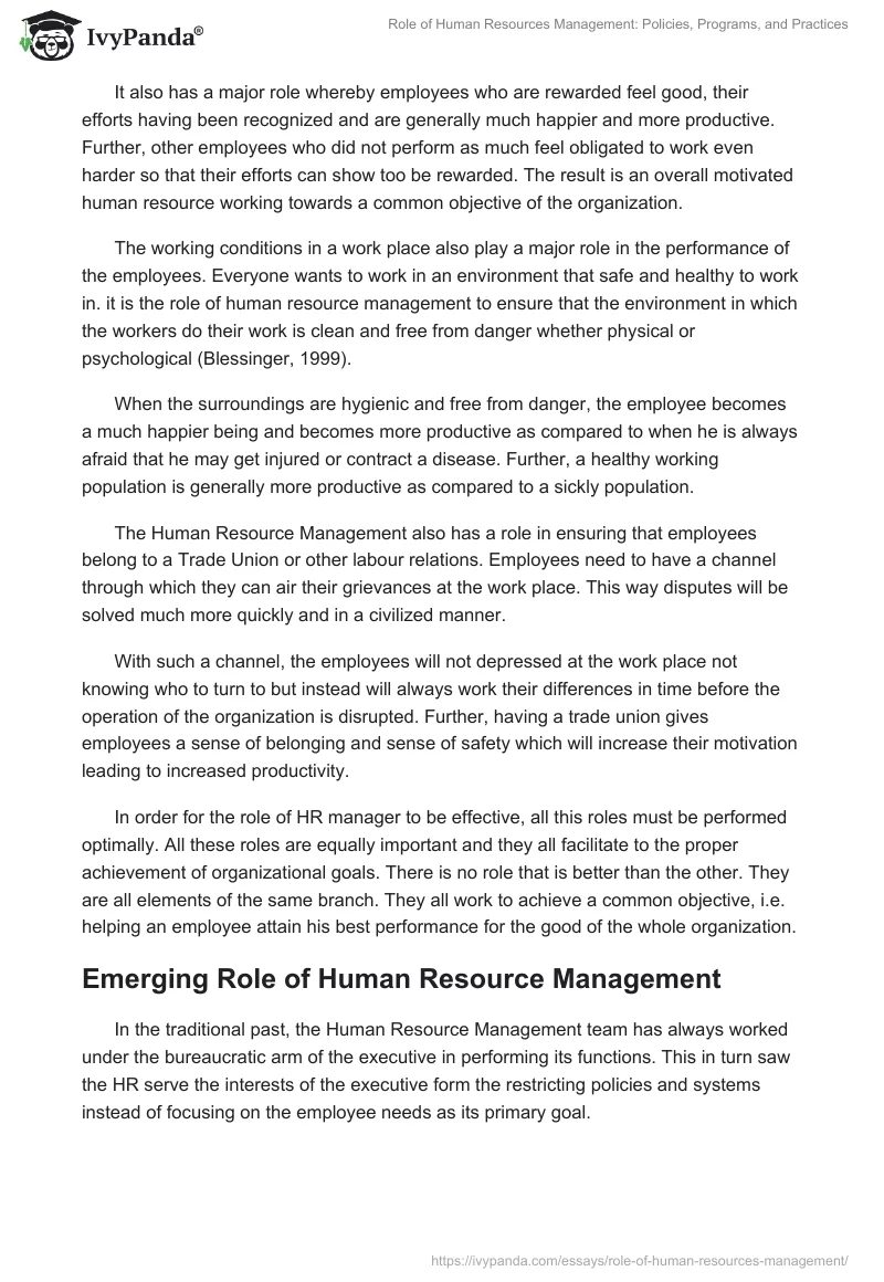 Role of Human Resources Management: Policies, Programs, and Practices. Page 3