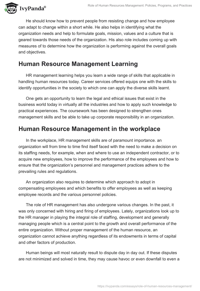 Role of Human Resources Management: Policies, Programs, and Practices. Page 5